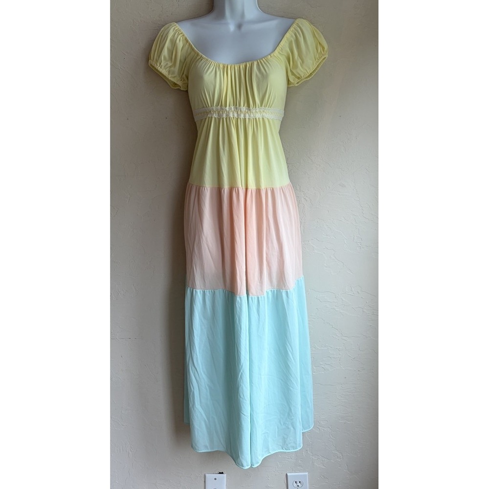 Vintage 1970s Tiered Nylon Pastel Maxi Dress S Coquette Romantic Empire Lace